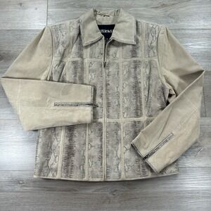 VTG‎ Outerwear By Lisa Large Beige Snakeskin Panel Leather Coat Zip Up